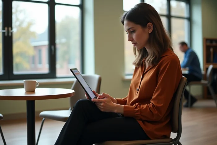 Jeune enseignante accédant au portail éducatif académique sur une tablette dans une salle de pause scolaire