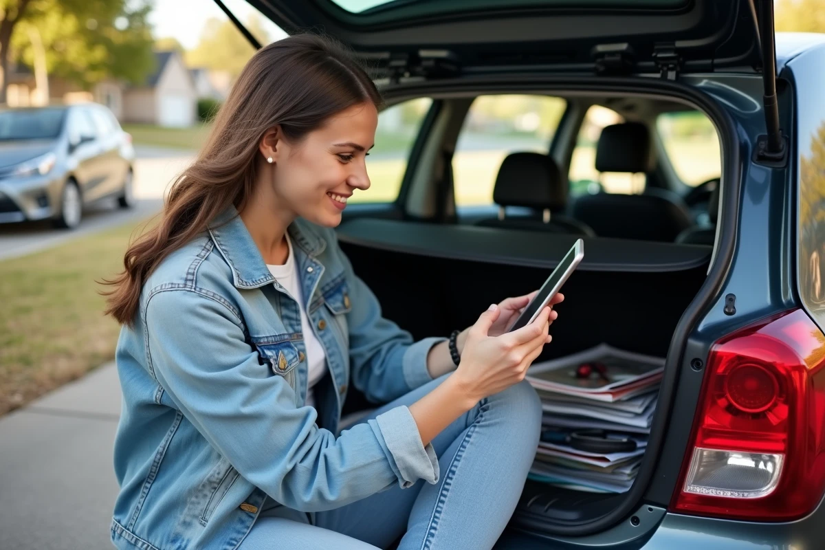 Jeune femme souriante utilisant une tablette devant sa voiture