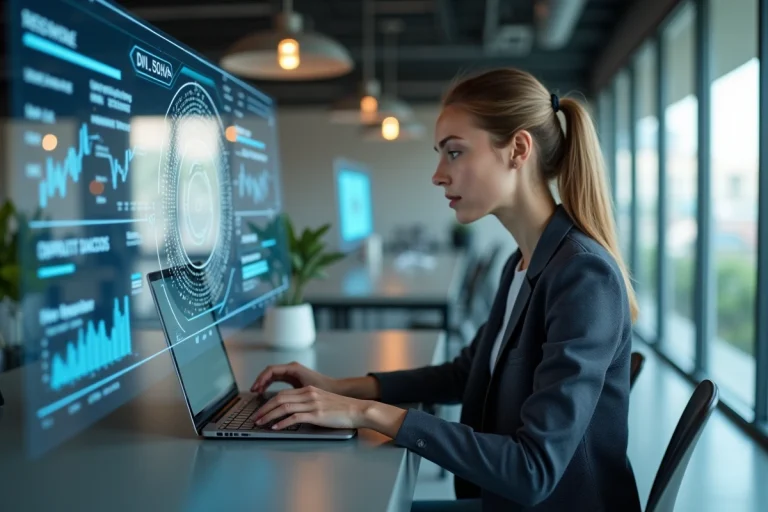 Jeune femme avec ordinateur et interface futuriste