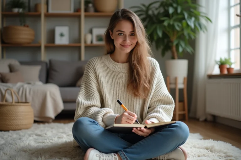 Jeune femme en sweater faisant du journaling dans un salon