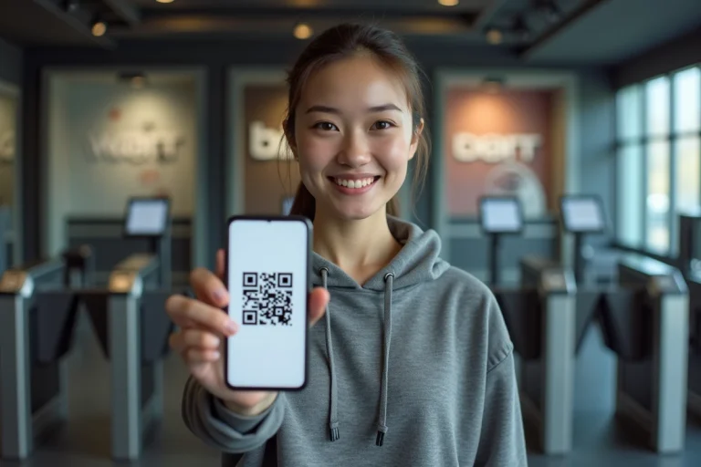 Jeune femme souriante tenant un smartphone avec QR code dans une salle de sport