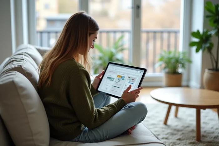 Jeune femme consultant une stratégie de contenu et refonte de site web sur une tablette depuis son salon