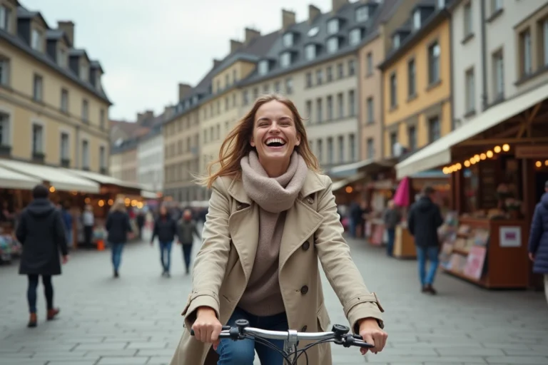 Jeune femme souriante à vélo dans une place de Rennes