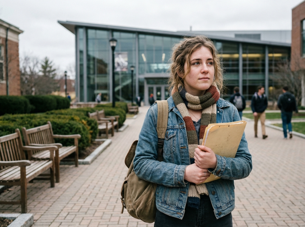 Jeune femme en promenade sur un chemin universitaire