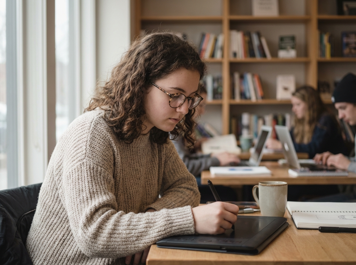 Jeune femme dessinant sur une tablette dans un café