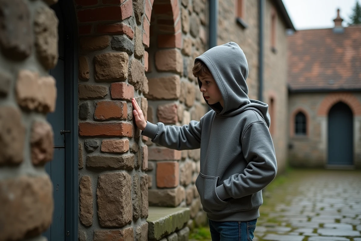 Garçon touchant la pierre ancienne dans la cour