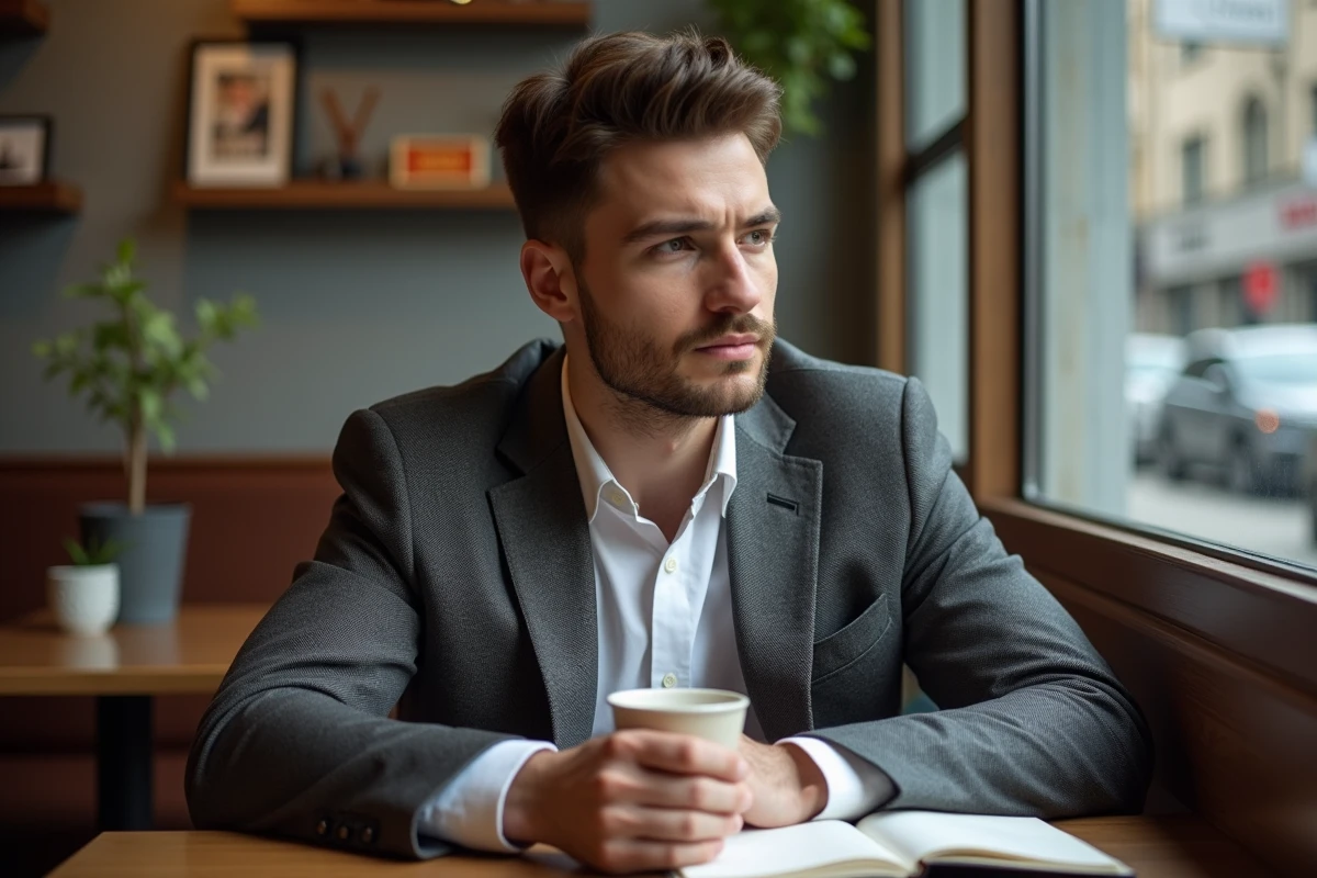 Jeune homme pensif assis dans un café intérieur