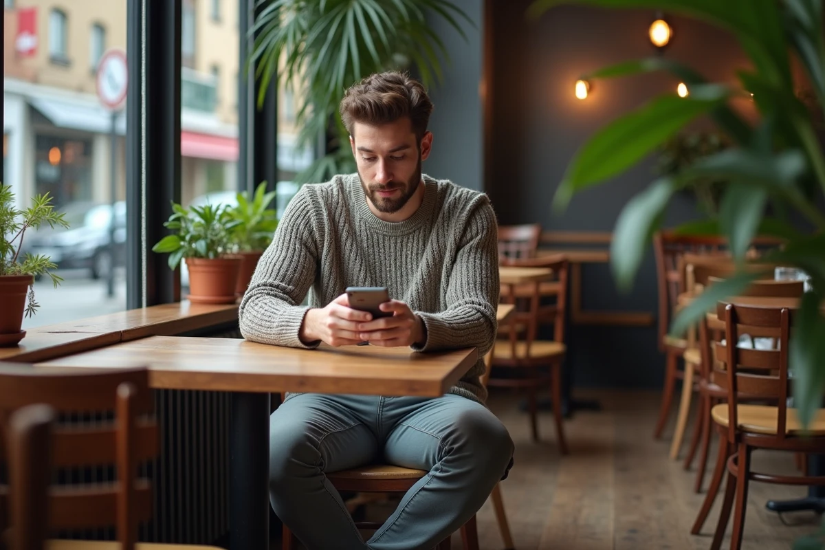 Jeune homme dans un café moderne avec smartphone