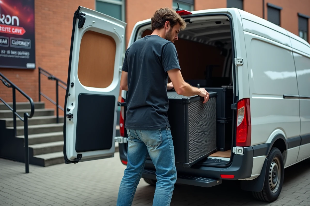 Jeune homme charge une grande enceinte dans une camionnette