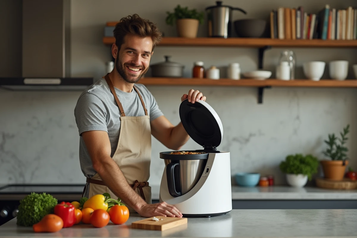 Jeune homme vérifiant un plat dans la cuisine moderne