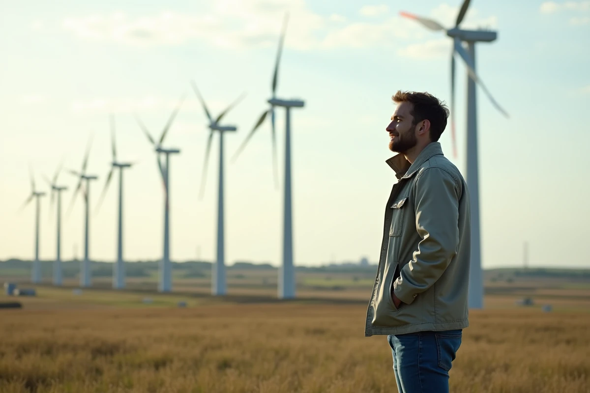 Jeune homme inspectant des éoliennes dans un champ