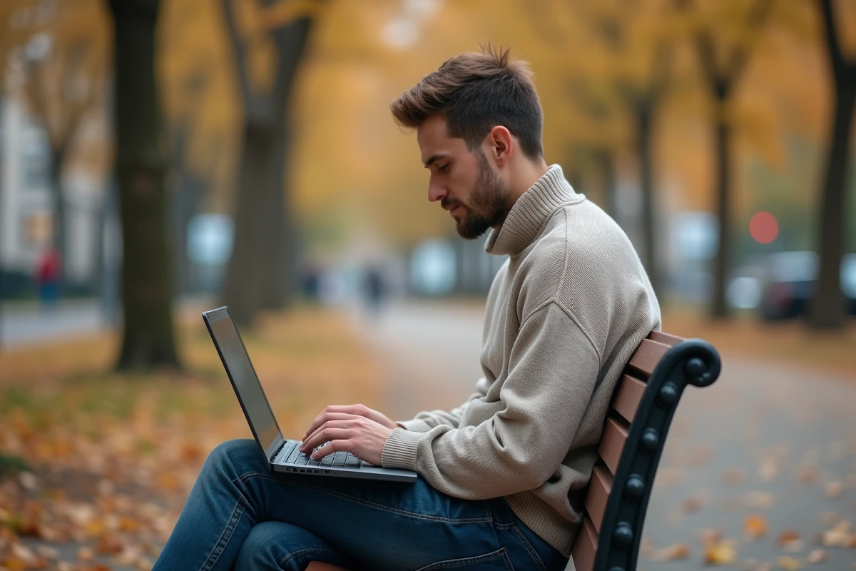 Jeune homme détendu utilisant un ordinateur portable en plein air