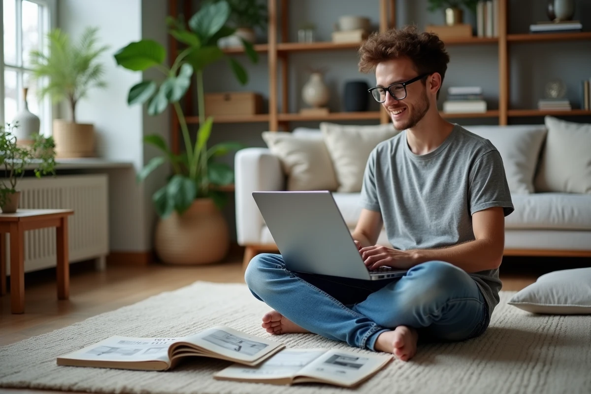 Jeune homme utilisant un ordinateur avec des catalogues anciens à ses côtés