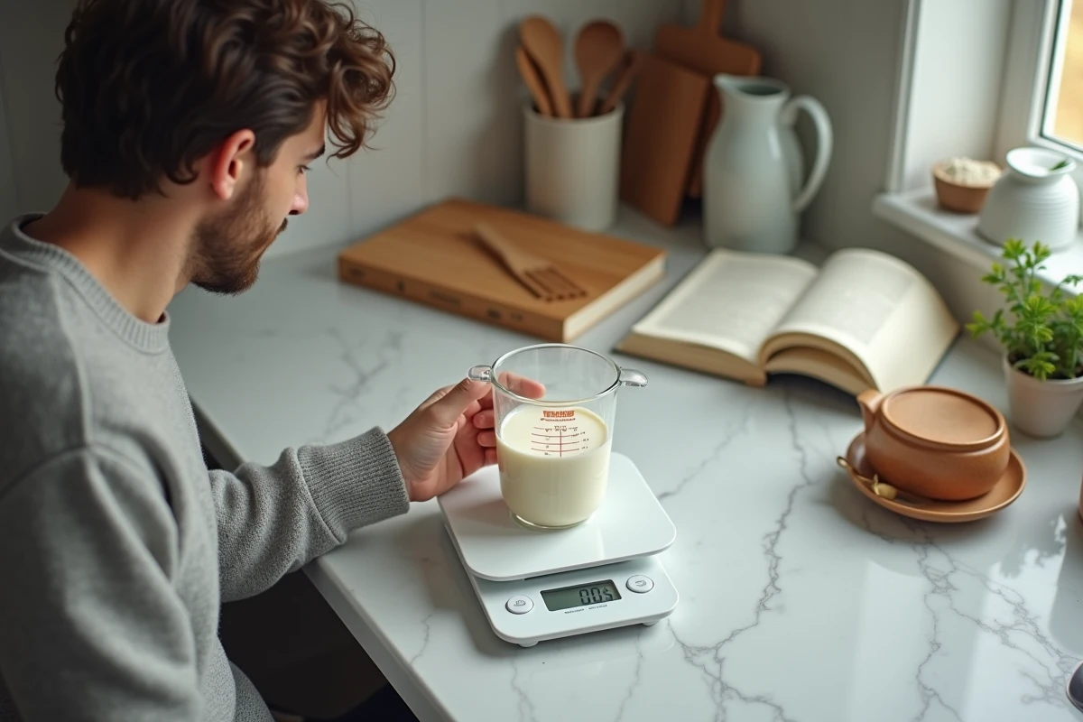 Jeune homme pese de la creme dans une cuisine urbaine