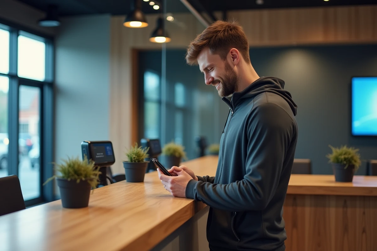 Jeune homme détendu scannant un QR code à la réception du gym