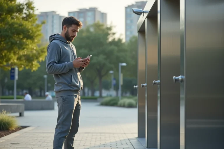 Jeune homme en joggers vérifiant son smartphone près d'une douche publique