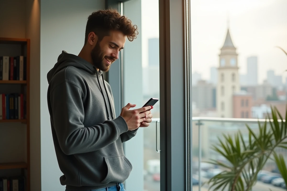 Jeune homme souriant utilisant un smartphone près d