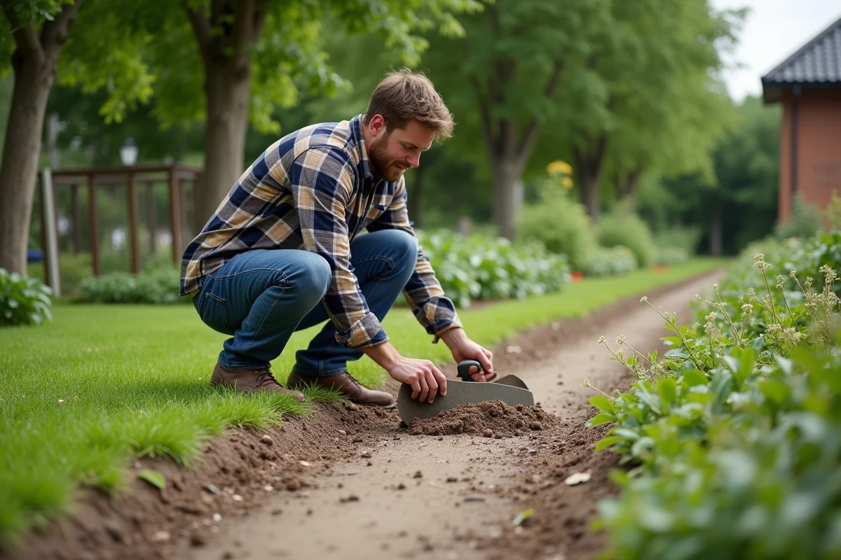 Jeune homme creusant et tampant la terre dans le jardin