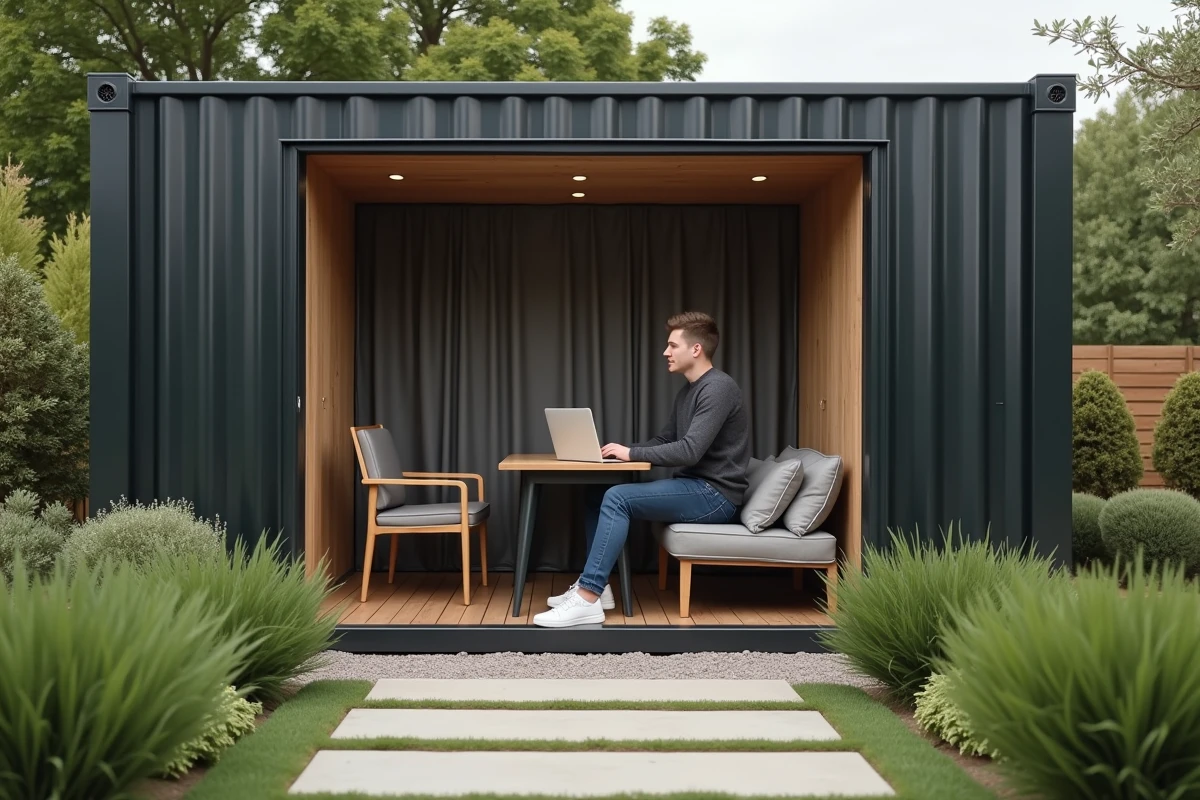 Jeune homme travaillant dans un bureau de jardin moderne