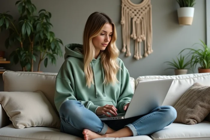 Une jeune créatrice rédigeant un email de collaboration pour un influenceur sur son canapé avec analyses de réseaux sociaux