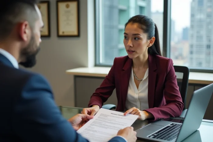 Une femme présentant une demande de sponsoring financier à un dirigeant dans un bureau d'entreprise avec documents imprimés