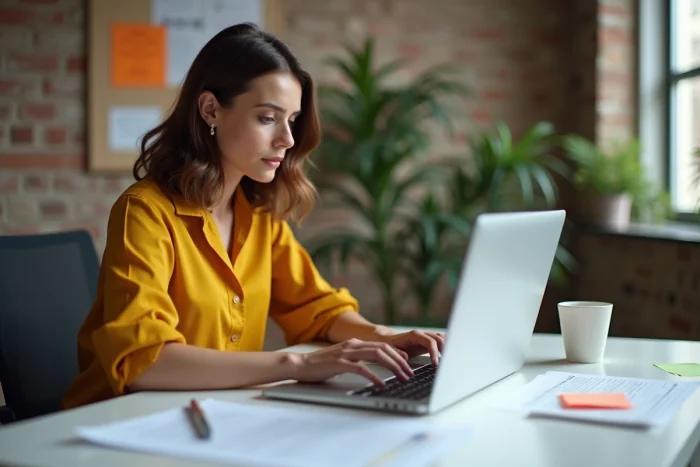 Une femme rédigeant un email de premier contact pour une co-création de contenu sur son ordinateur portable dans un studio créatif