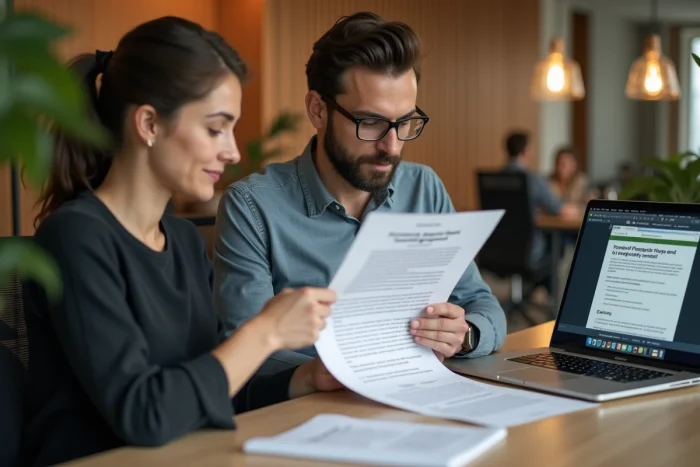 Un homme et une femme examinant ensemble un email de proposition de partenariat à long terme et des documents contractuels
