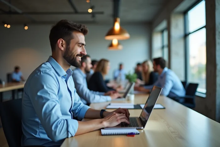 Un homme rédigeant un email de prospection pour un échange de visibilité croisée dans un espace de co-working moderne