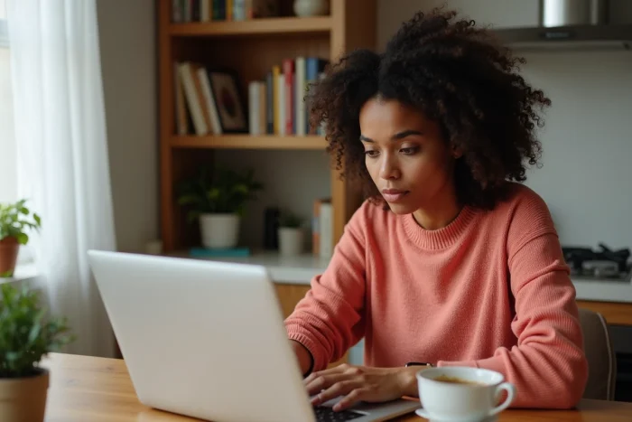 Une femme consultant un email de relance sur son ordinateur dans un bureau à domicile chaleureux après une absence de réponse