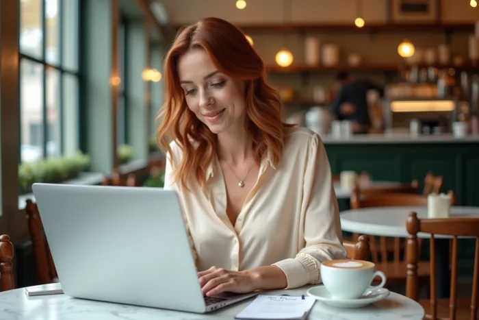Une femme rédigeant un email de remerciement post-collaboration sur son ordinateur portable dans un café lumineux