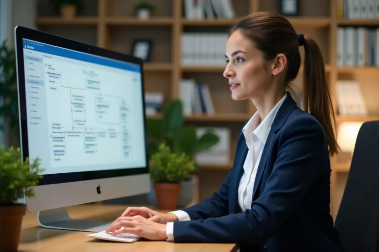 Femme professionnelle naviguant sur un plan de site structuré depuis son bureau moderne