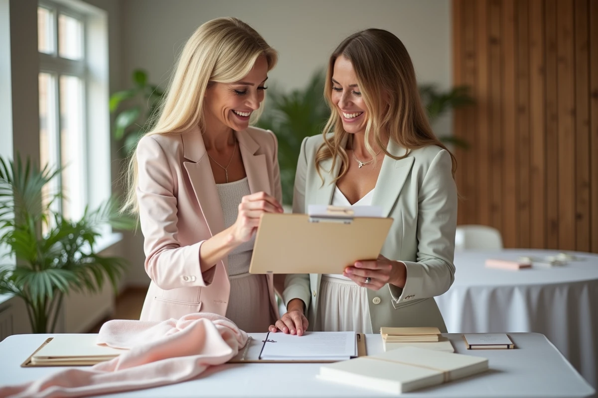 Organisatrice de mariage conseillant la mariée dans un espace moderne