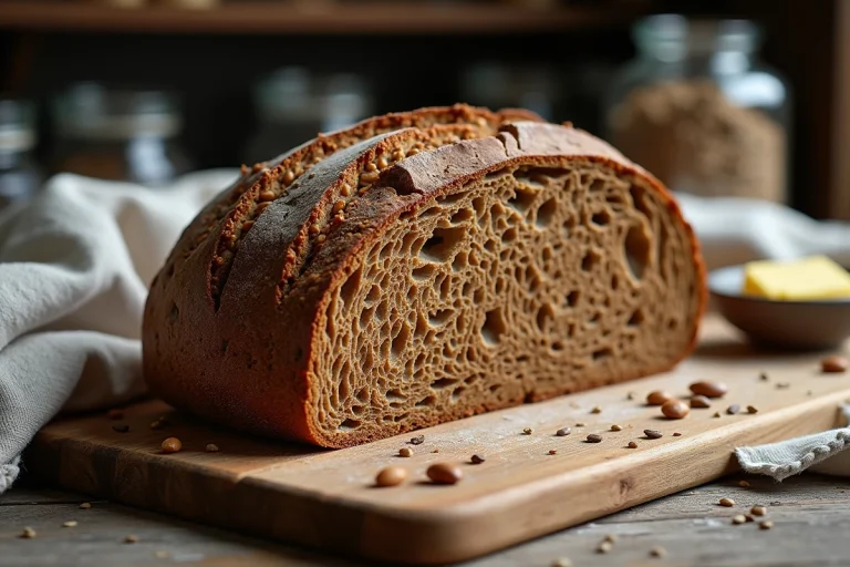 Pain nordique au seigle tranché sur une planche en bois rustique avec graines visibles de lin et tournesol, typique de la boulangerie scandinave