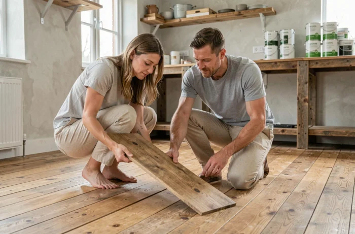 Couple inspectant des lames de parquet en chêne recyclé pour une rénovation de cuisine avec des matériaux durables et écologiques