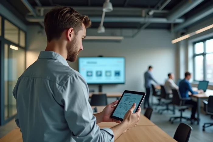 Homme consultant un plan de navigation de site web sur une tablette dans un espace de coworking