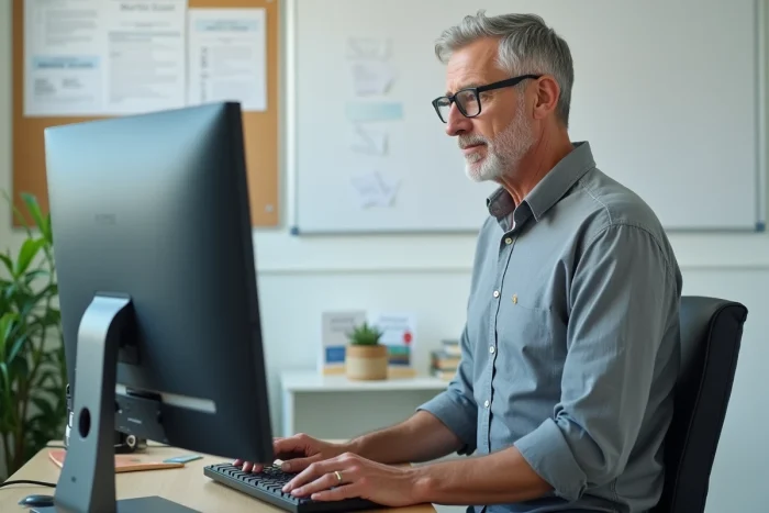 Professeur masculin consultant l'interface I-Prof sur un ordinateur de bureau dans un bureau administratif scolaire