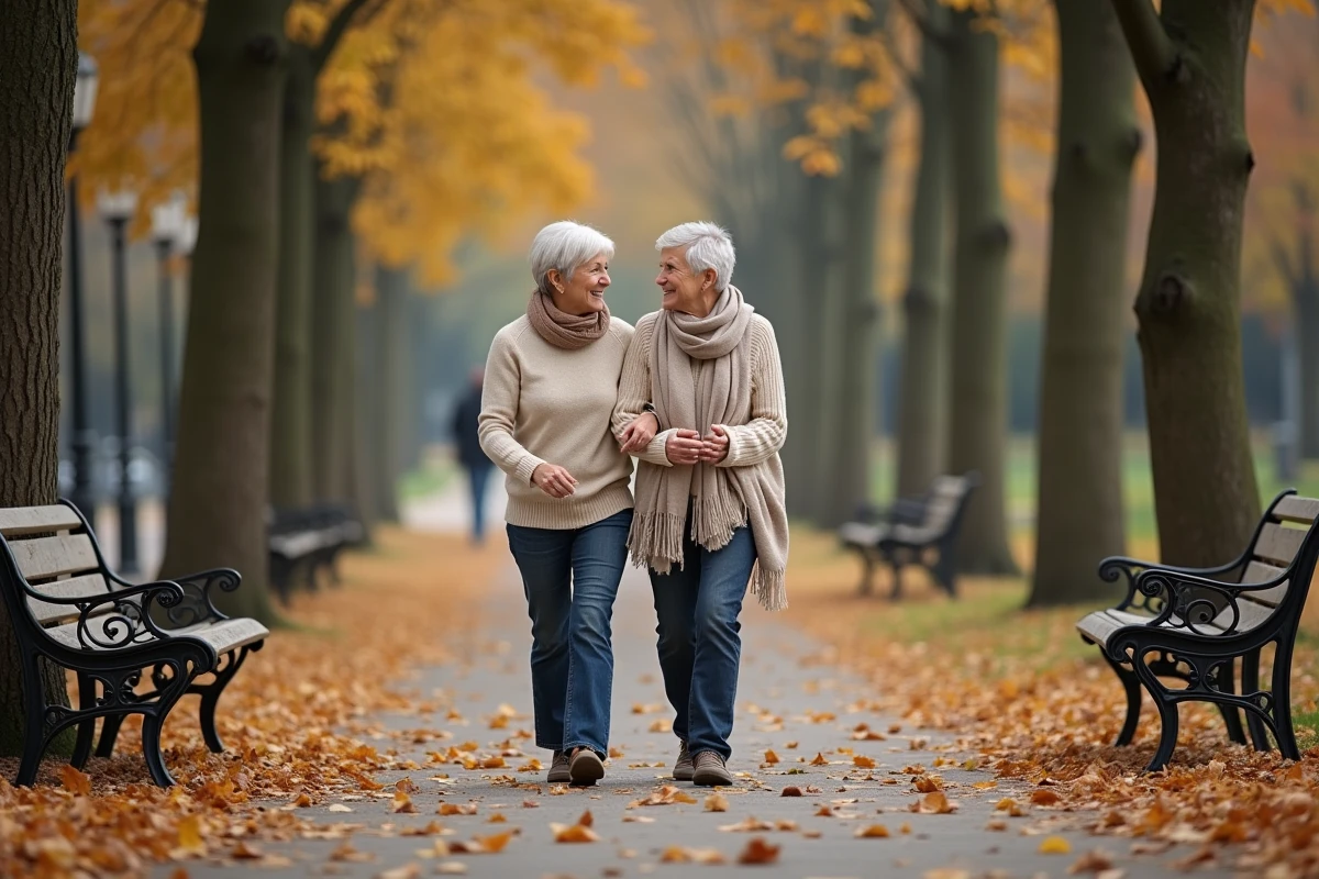 Couple marchant dans un parc parisien en automne avec feuilles tombées