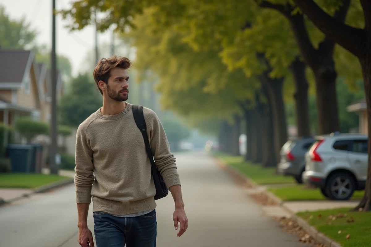 Homme marche dans une rue résidentielle calme