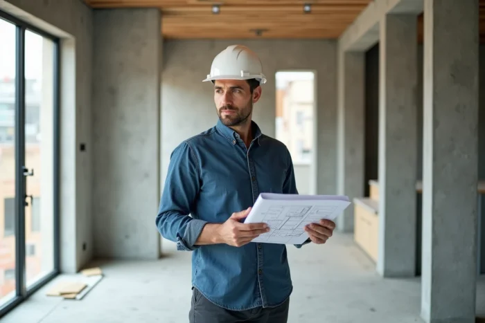 Promoteur immobilier en casque de chantier consultant un plan dans un appartement neuf en cours de construction