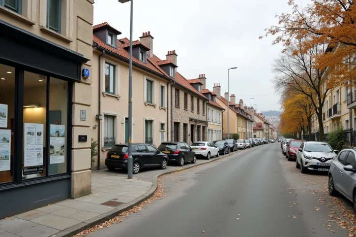 Quartier résidentiel en périphérie de Lyon avec agence immobilière et nouveaux immeubles, tendances du marché immobilier en 2027