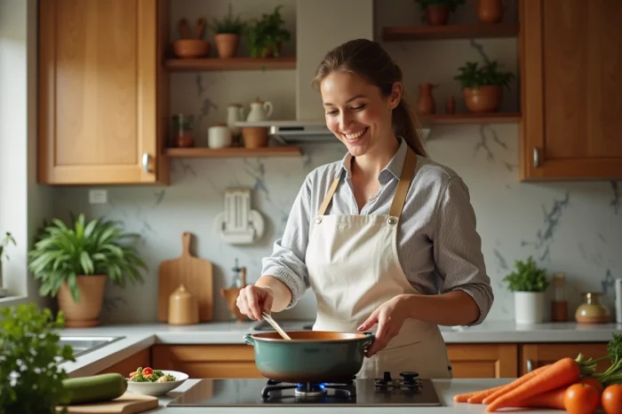 Femme souriante qui prépare une soupe de légumes maison dans une cuisine familiale chaleureuse
