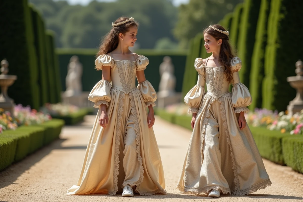 Jeune reine et son fils dans les jardins de Versailles