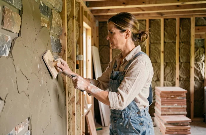 Femme rénovant un mur intérieur avec un enduit naturel à la chaux et à l'argile dans une maison en cours de rénovation écologique