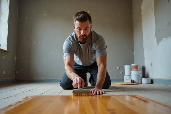 Homme en train de vernir un parquet en bois dans un salon en cours de rénovation, illustrant l'entretien quotidien de la maison