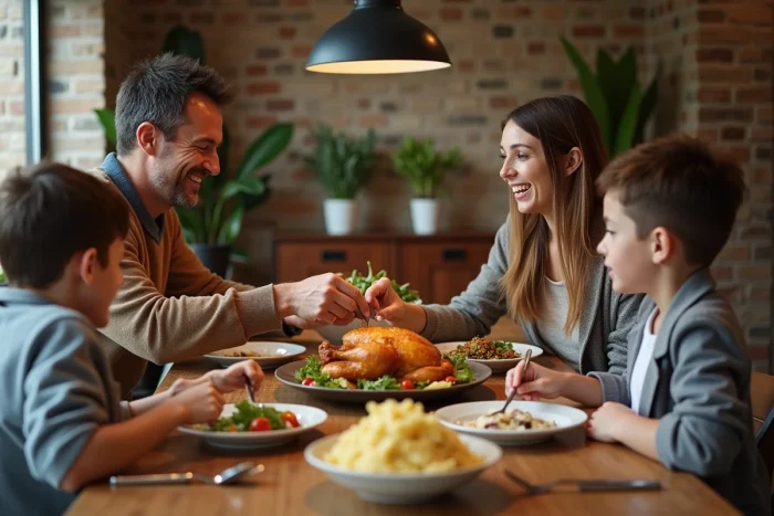 Famille réunie autour d'un repas gourmand avec poulet rôti et légumes sur une grande table en bois