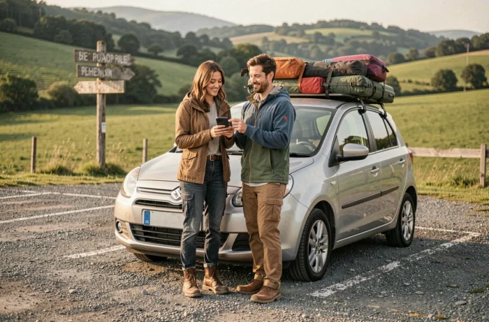 Couple planifiant un road trip économique au bord d'une route de campagne avec une voiture de location