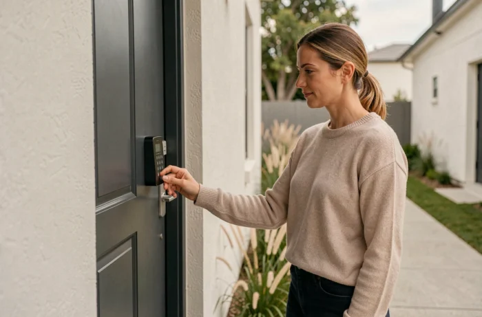 Femme utilisant une serrure à clavier électronique connectée pour sécuriser l'entrée de sa maison moderne
