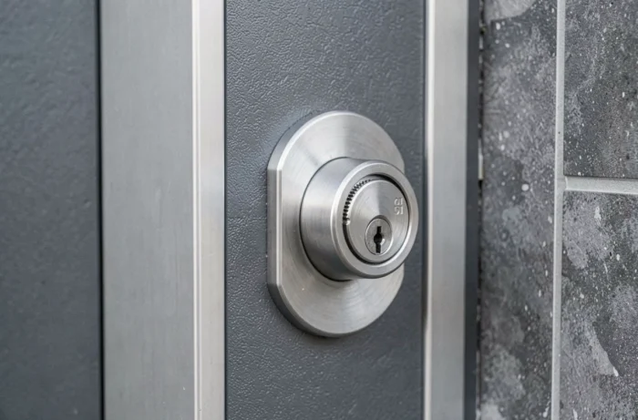 Gros plan sur une serrure multipoints haute sécurité en acier inoxydable brossé sur une porte d'entrée moderne