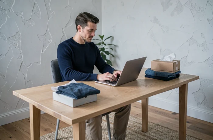 Homme tendance faisant du shopping en ligne pour des vêtements et accessoires depuis son bureau moderne à domicile