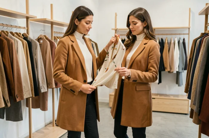 Jeune femme élégante en manteau camel explorant les dernières tendances mode dans une boutique parisienne minimaliste
